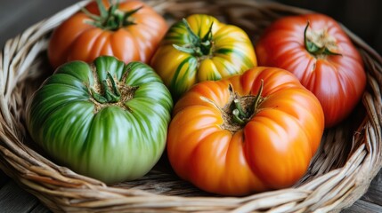 Freshly Harvested Heirloom Tomatoes in a Rustic Basket on a Wooden Kitchen Table