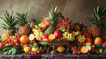 Exquisite tropical fruit arrangement on a lavish banquet table showcasing vibrant colors and textures for a festive celebration.