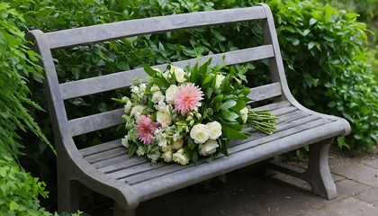 bouquet of flowers resting on a bench in the middle of the greenery