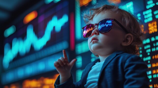 Young child wearing sunglasses in front of colorful stock market display while making a hand gesture during a financial learning session