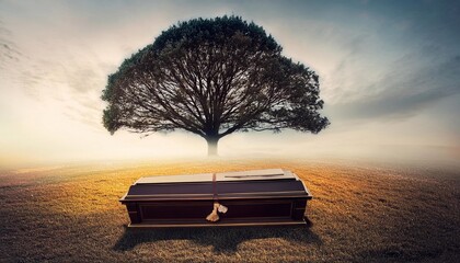 Coffin resting at a grave beneath a solitary tree at sunset