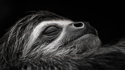 Moody close-up of a sloth resting peacefully with eyes closed and relaxed expression against a dark background