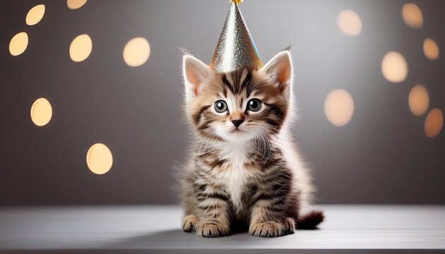 merry kitten with a celebration hat sitting on my own in opposition to a light mild historical past making the kitten the maximum great element of the scene