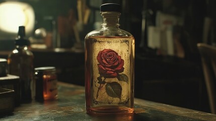 Vintage tattoo ink bottle featuring a rose design on the label placed on a wooden surface in a dimly lit setting