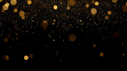 Golden glitter dust particles on dark background, abstract overlay