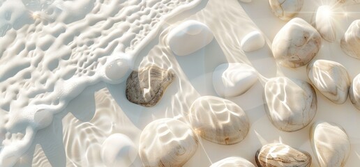 transparent clean and clear water ripple surface beach white sand and stones rock