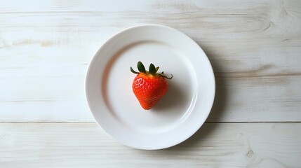 Fresh ripe strawberry on a pristine white plate set against a rustic white wooden table background