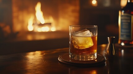 Glass of whiskey with ice cube, on coaster, in front of fireplace.