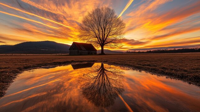 Serene sunset landscape with reflection of a lone tree in a puddle beside a barn and mountains under a vibrant sky with contrails.