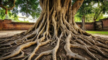 Majestic fig tree trunk with expansive buttress roots showcasing natural grandeur in a serene outdoor setting.