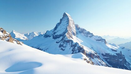 Obraz premium A solitary mountain peak rises high in a pristine snowy landscape, frosty hills, snowy summit, isolated mountains