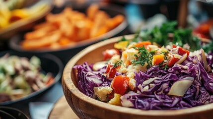 vibrant bowl of fresh braised cabbage salad with colorful vegetables in a rustic setting