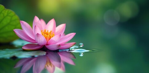 Fototapeta premium Single drop falling from a flower petal onto the calm lake's surface, translucent, gentle, reflection