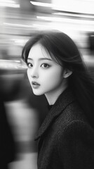 Fototapeta premium Portrait of a woman in motion captured in a busy urban setting showcasing her expressive features and flowing hair