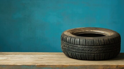 Fototapeta premium Tire Positioned on Rustic Wooden Table Set Against a Textured Blue Background