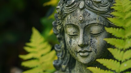 Serene Statue of a Female Idol Surrounded by Lush Green Ferns in a Tranquil Natural Setting