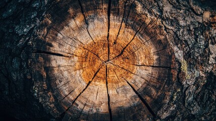 Tree trunk cross-section with intricate bark texture and natural patterns showcasing growth rings and earthy tones for design backgrounds.