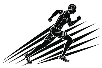 A man's silhouette sprinting swiftly, set against a stark white backdrop, rendered as a vector graphic in a striking minimalist design