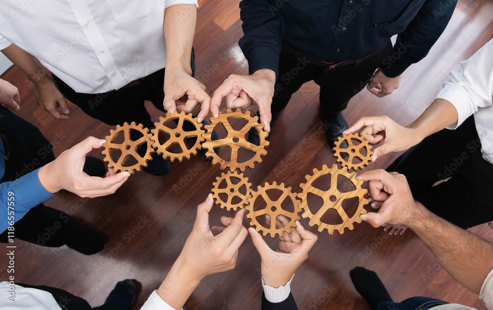 Poster business team joining cogwheel in circular together symbolize successful group of business partnersh