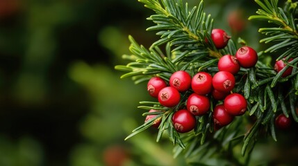 Obraz premium Taxus baccata yew berries on lush evergreen foliage in a natural setting close-up detail
