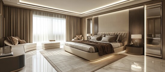 Obraz premium Elegant studio apartment interior showcasing luxury furnishings in muted tones and contemporary decor for a modern lifestyle ambience