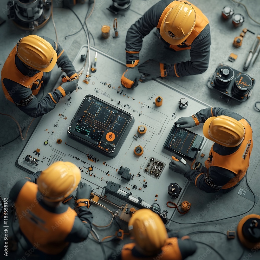 Poster a team of focused offshore oil rig engineers in hard hats and safety vests collaborating to optimize