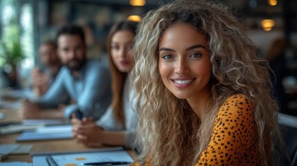 Obraz premium A smiling woman with curly hair at a business meeting with colleagues in a modern setting.