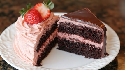 Delicious Double Chocolate Layer Cake Slice with Strawberry Cream Topping and Fresh Strawberries Garnish on a Decorative Plate