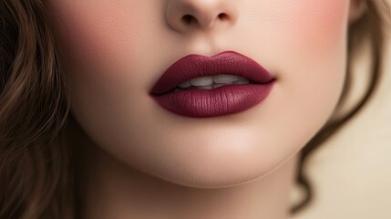 Close-up of a Woman's Lips with Burgundy Lipstick