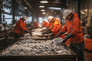 Workers sort and prepare fresh fish at a bustling seafood processing facility during the early morning hours