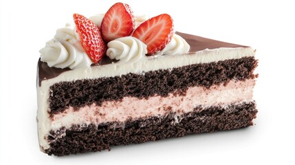 Strawberry Cream and Chocolate Layer Cake Slice with Fresh Strawberries and Whipped Cream Garnish