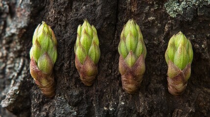 New growth of young leaf buds emerging from textured tree trunks in a tropical environment showcasing nature's rebirth and vitality