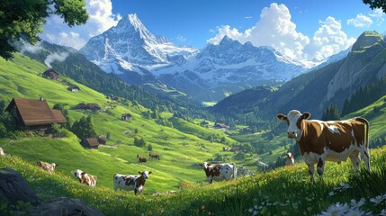 Alpine Meadow with Grazing Cows Under a Sunny Sky
