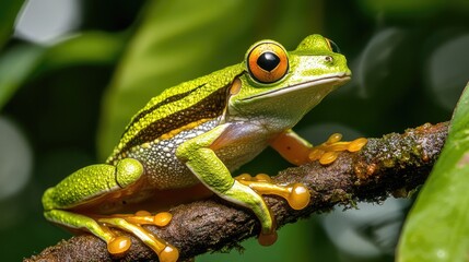 Fototapeta premium Striped tree frog perched on a branch surrounded by lush green foliage showcasing vibrant colors and unique markings in natural habitat.