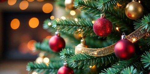 Fototapeta premium Soft tulle fabric billows around delicate Christmas tree ornaments, lights, ornaments