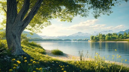 Obraz premium Serene summer lakeside view with lush greenery, blooming flowers, and picturesque mountain backdrop under a clear blue sky