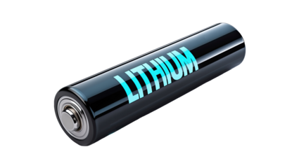 Black lithium rechargeable battery with "Lithium" text on a transparent background
