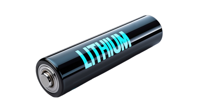 Black lithium rechargeable battery with "Lithium" text on a transparent background