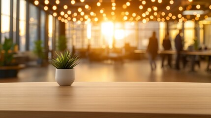Sunlit Workspace Table: A small potted plant sits on a wooden table in the foreground, with a blurred background of a modern office space bathed in warm sunlight.
