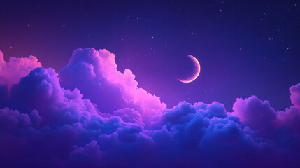 Obraz premium Celestial Dreamscape: A crescent moon graces a breathtaking night sky, adrift in a sea of vibrant purple and pink clouds. An ethereal and calming image perfect for fantasy, dreams, and tranquility.