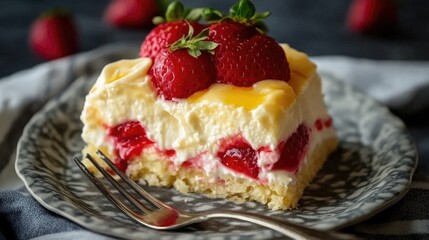 Strawberry flan pudding slice topped with fresh strawberries on a decorative plate with a fork ready for serving delicious dessert