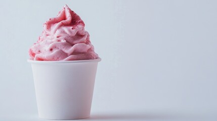Creamy strawberry yogurt in a white cup on a minimalistic background ideal for branding and design purposes