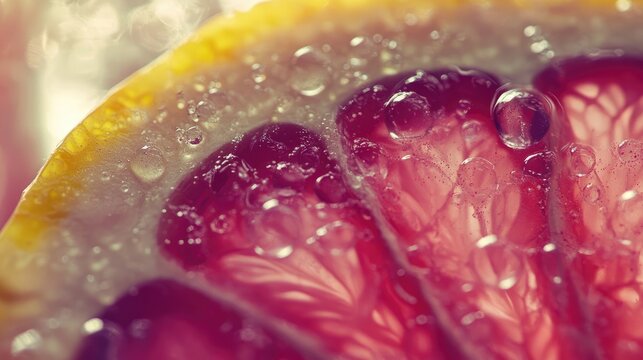 Close up macro of fresh grapefruit slice showcasing vibrant colors and water droplets for food and health-related themes