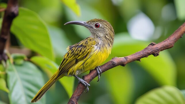Streaked spiderhunter perched on a branch surrounded by lush green foliage in its natural habitat showcasing vibrant plumage and unique features