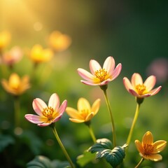 Fototapeta premium Primrose flowers swaying gently in the warm sunlight of afternoon, nature's hues, wildflowers