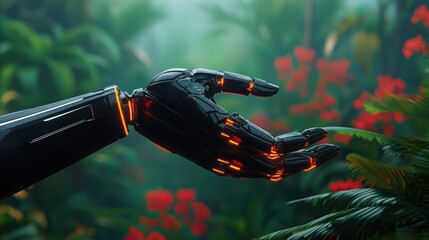 Naklejka premium Futuristic Robot Hand Reaching Out in a Lush Green Environment