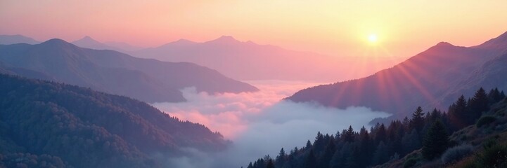 Fototapeta premium Soft pink mist ascends mountain ridges at dawn, golden, misty