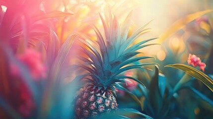 Fototapeta premium Tropical pineapple surrounded by lush foliage with soft focus lighting for health and wellness promotions or nature-themed projects
