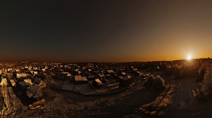 Golden Hour Over Suburbia: A panoramic view captures the serene beauty of a suburban landscape bathed in the warm glow of the setting sun. The image evokes a sense of peace and tranquility. 