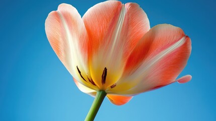 Obraz premium Tulip Flower with Soft Petals Against Vibrant Blue Background for Elegant Greeting Card Design